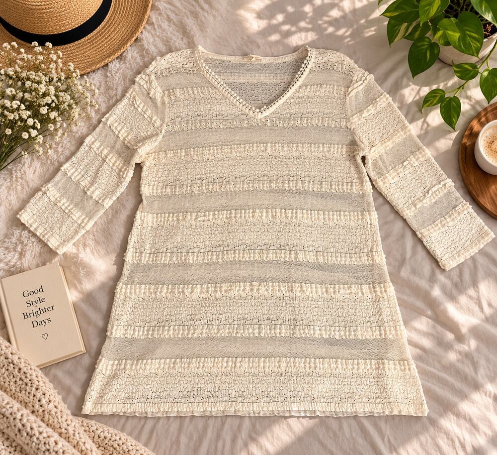 Indigo Soul Women’s L Ivory Lace Crochet Mesh V-Neck Tunic Top Boho